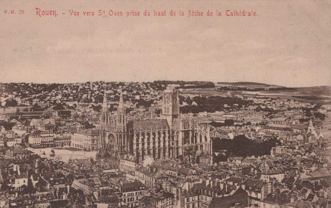 Vintage aerial view of a city with a prominent cathedral, likely from the 19th century.
