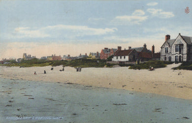 Beach scene with houses and people in the distance, vintage postcard style.