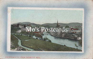 Vintage-style postcard of a town with a river and hills 