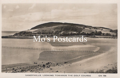 Vintage black and white postcard of Sandyhills with a golf course 