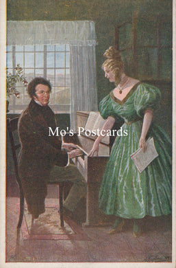 Vintage illustration of a man and woman in a room with a piano 