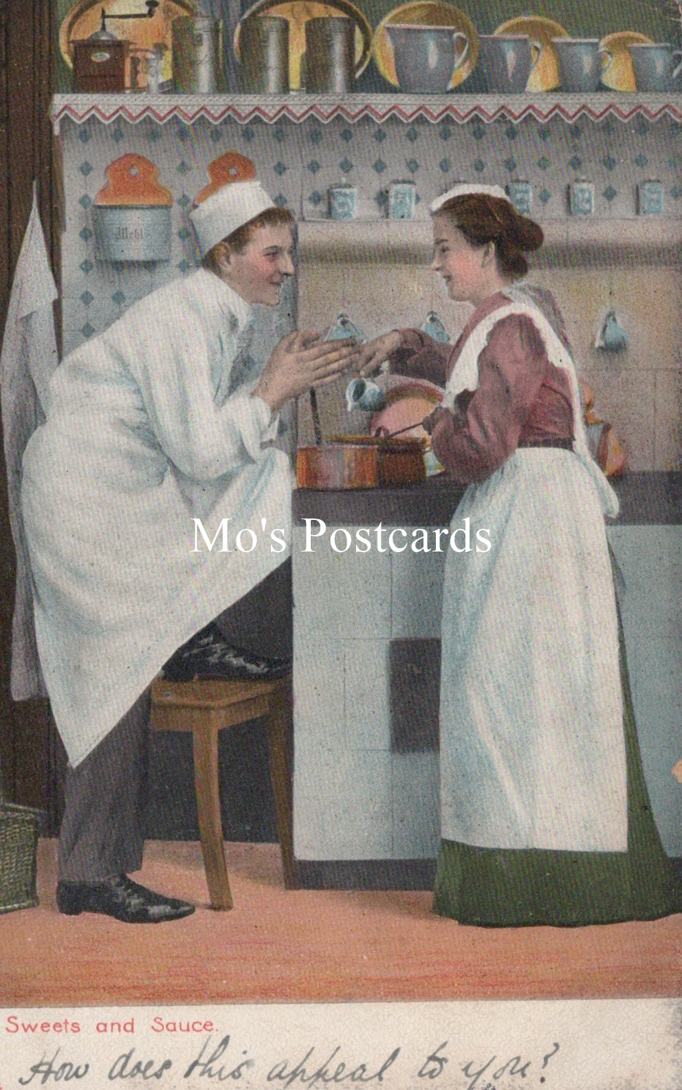 Vintage-style illustration of a man and woman in a kitchen 