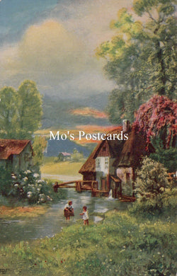 Painting of a serene landscape with houses and people by a stream.