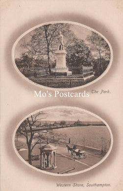 Two circular images of a park with statues, labeled The Park' and 'Western Shore, Southampton'.