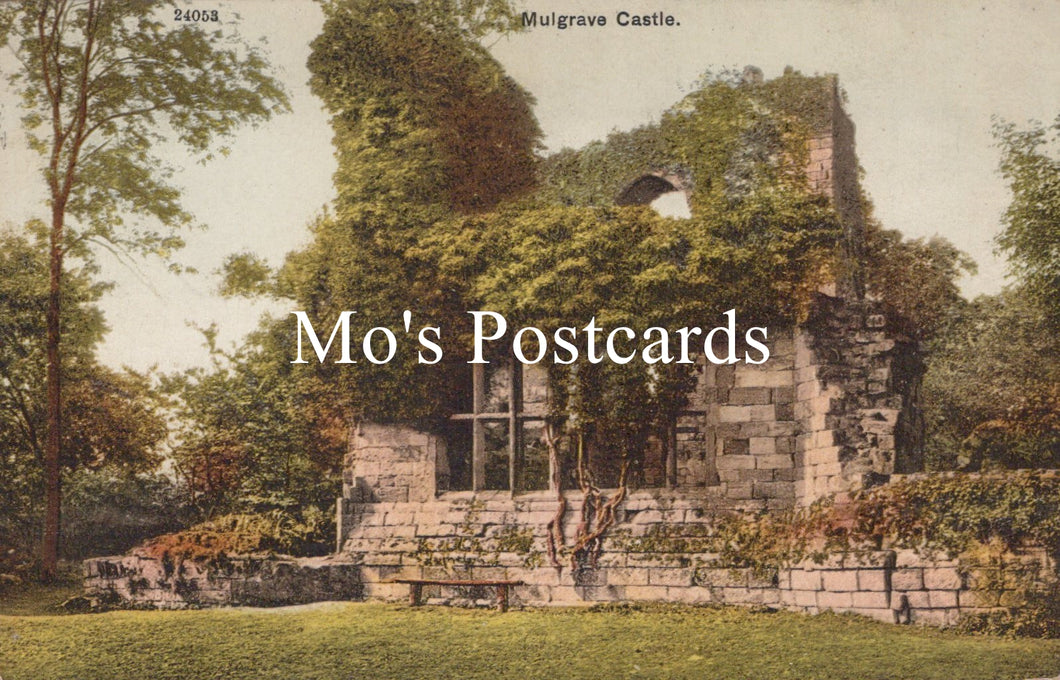Vintage-style postcard of Mulgrave Castle with 'Mo's Postcards' text overlay.