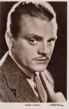 Load image into Gallery viewer, Vintage black and white portrait of a man with a serious expression, labeled &#39;James Cagney&#39;.
