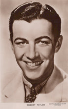 Load image into Gallery viewer, Vintage black and white portrait of a smiling man with a suit and tie, labeled &#39;Robert Taylor&#39;.
