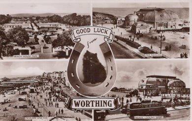 Vintage collage of Worthing with a horseshoe and cat emblem, featuring various scenes and attractions.