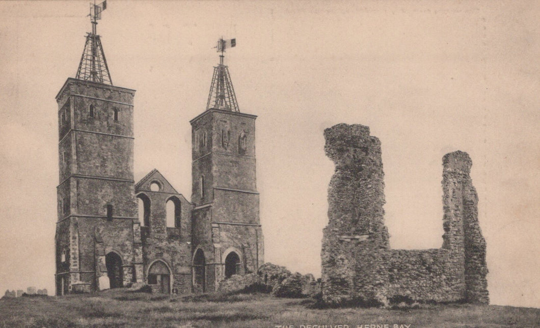 Ruins of a cathedral with two towers on a plain background