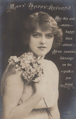 Vintage-style image of a woman holding flowers with decorative text on a dark background