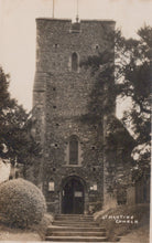 Load image into Gallery viewer, Vintage postcard of a church tower with steps leading up to it, surrounded by trees and shrubs.
