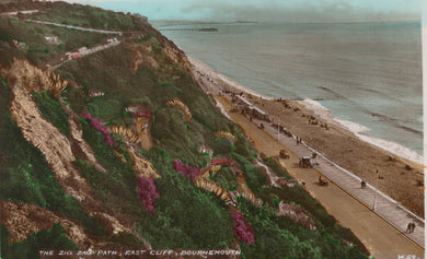 Vintage postcard of a coastal scene with a zigzag path, beach, and cliffs.