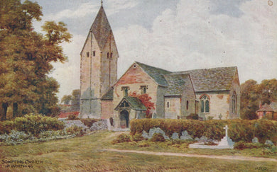 Painting of a church with a tall tower and surrounding greenery