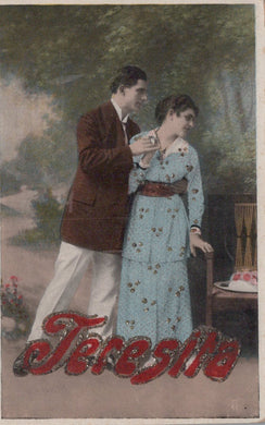 Vintage-style illustration of a man and woman in formal attire with 'Teresita' text.