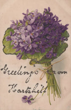 Load image into Gallery viewer, Vintage-style card with a bouquet of purple violets and text on a beige background
