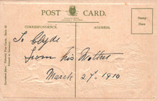 Load image into Gallery viewer, Vintage postcard with handwritten text and a stamp area
