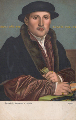 Portrait of a gentleman from the 16th century with text above his head, wearing a dark coat and hat.