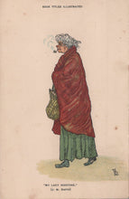 Load image into Gallery viewer, Cartoon of a woman wrapped in a red blanket with a green bag, smoking a cigarette, on a beige background.
