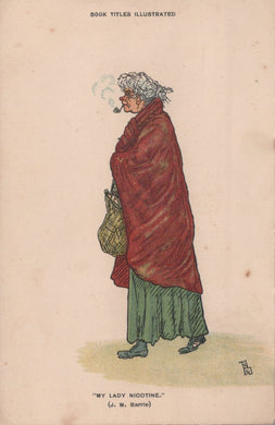 Cartoon of a woman wrapped in a red blanket with a green bag, smoking a cigarette, on a beige background.