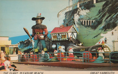 Vintage-style illustration of a large figure at Pleasure Beach, Great Yarmouth with colorful background