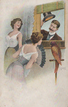 Load image into Gallery viewer, Vintage-style illustration of a woman in a corset looking into a mirror with a man and a parrot.
