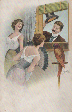 Vintage-style illustration of a woman in a corset looking into a mirror with a man and a parrot.