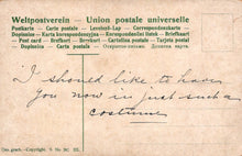 Load image into Gallery viewer, Vintage postcard with text and a handwritten message on a brown background

