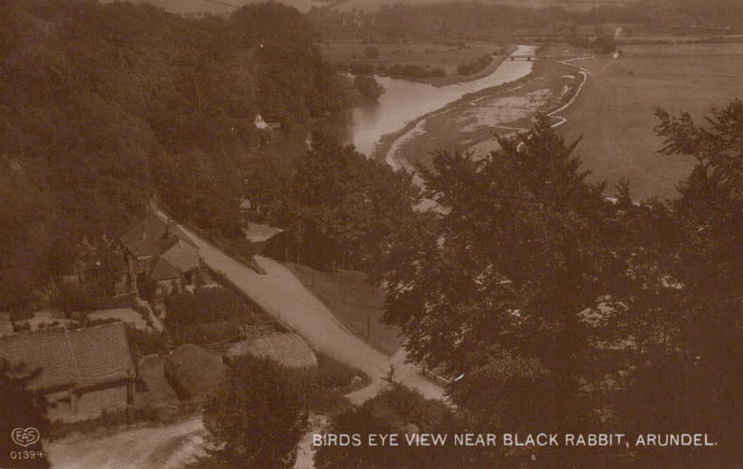 Sepia-toned aerial view of a river and surrounding landscape with text 'Birds Eye View Near Black Rabbit, Arundel'.