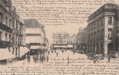 Vintage street scene with pedestrians and buildings, overlaid with handwritten text.