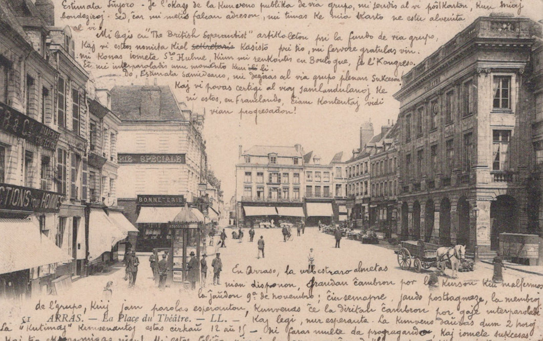 Vintage street scene with pedestrians and buildings, overlaid with handwritten text.
