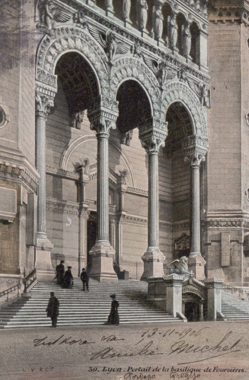 Architectural detail of a building with columns and steps, likely from a historical or vintage photograph.