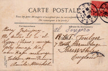 Load image into Gallery viewer, Vintage postcard with French text, stamps, and a red stamp on the top right corner.
