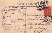 Load image into Gallery viewer, Vintage postcard with text and stamps, sent from Les Bains to Shrewsbury, England.
