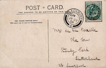 Load image into Gallery viewer, Vintage postcard with handwritten address and a stamp, featuring a brown background.
