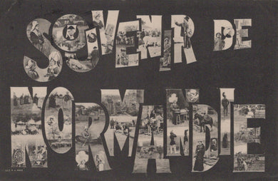 Vintage-style collage with text 'Souvenir de Normandie' and small images inside each letter on a dark background.