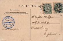 Load image into Gallery viewer, Vintage postcard with stamps and a sender&#39;s address on a brown background
