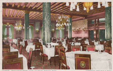 Vintage interior of a grand dining room with tables, chairs, and chandeliers.