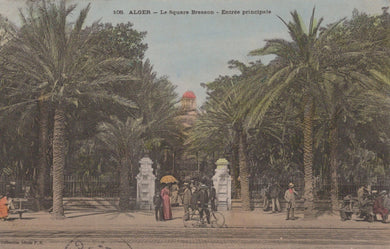 Vintage postcard of a square with palm trees and people in Algiers, Algeria.