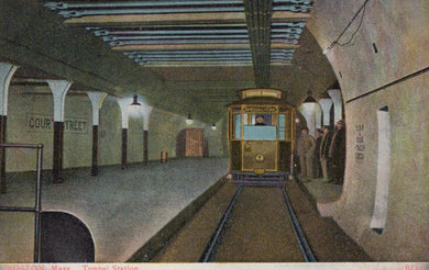 Vintage-style illustration of a subway station with a train and people waiting.