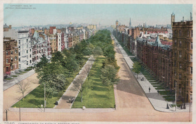 Colorized postcard of a tree-lined street with buildings on either side, likely from the early 20th century.