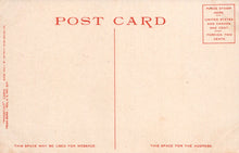 Load image into Gallery viewer, Back of a vintage postcard with red text and stamp information.
