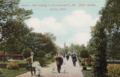 Colorful vintage postcard of a park scene with people walking on a path, trees, and buildings in the distance.
