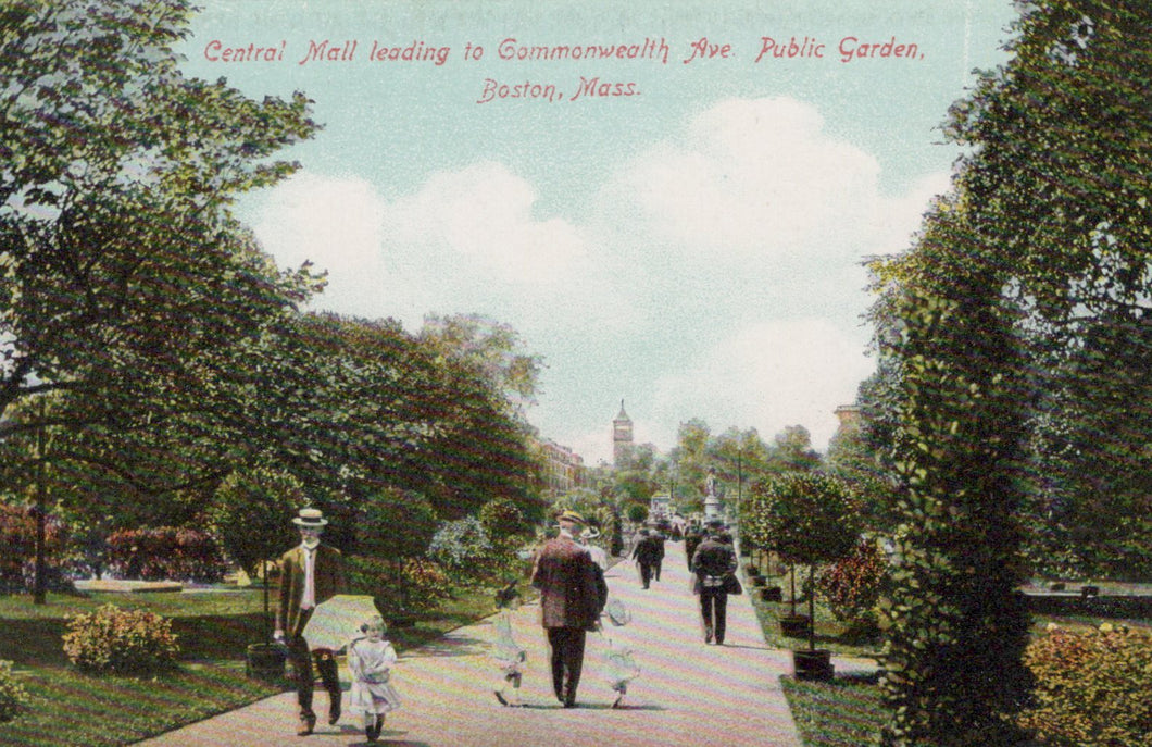 Colorful vintage postcard of a park scene with people walking on a path, trees, and buildings in the distance.