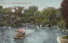 Load image into Gallery viewer, Lake in the Public Garden, Boston, Mass., with a paddle boat and trees in the background.
