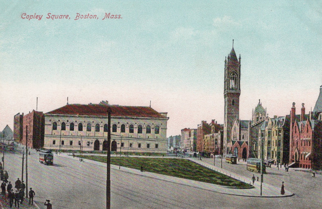 Vintage postcard of Copley Square in Boston, Massachusetts with a clock tower and buildings.