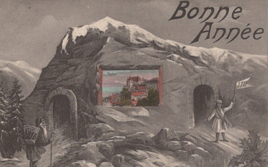 Vintage New Year's card with a mountain scene and text 'Bonne Année'.