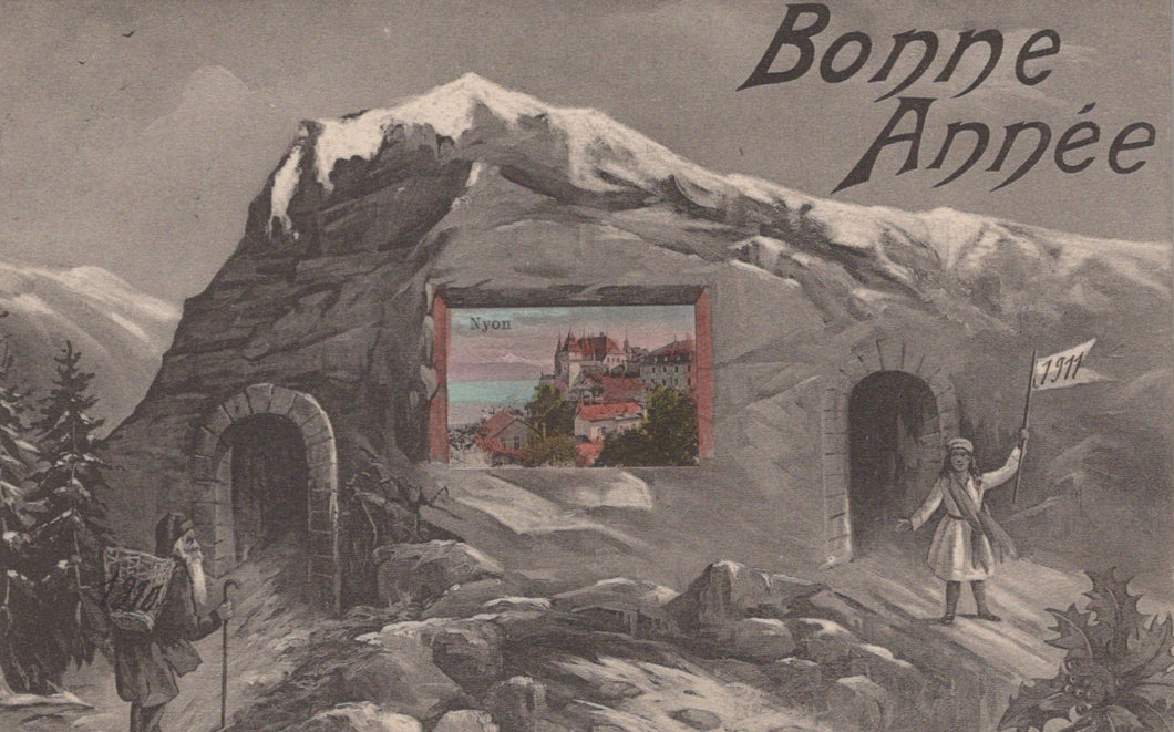 Vintage New Year's card with a mountain scene and text 'Bonne Année'.