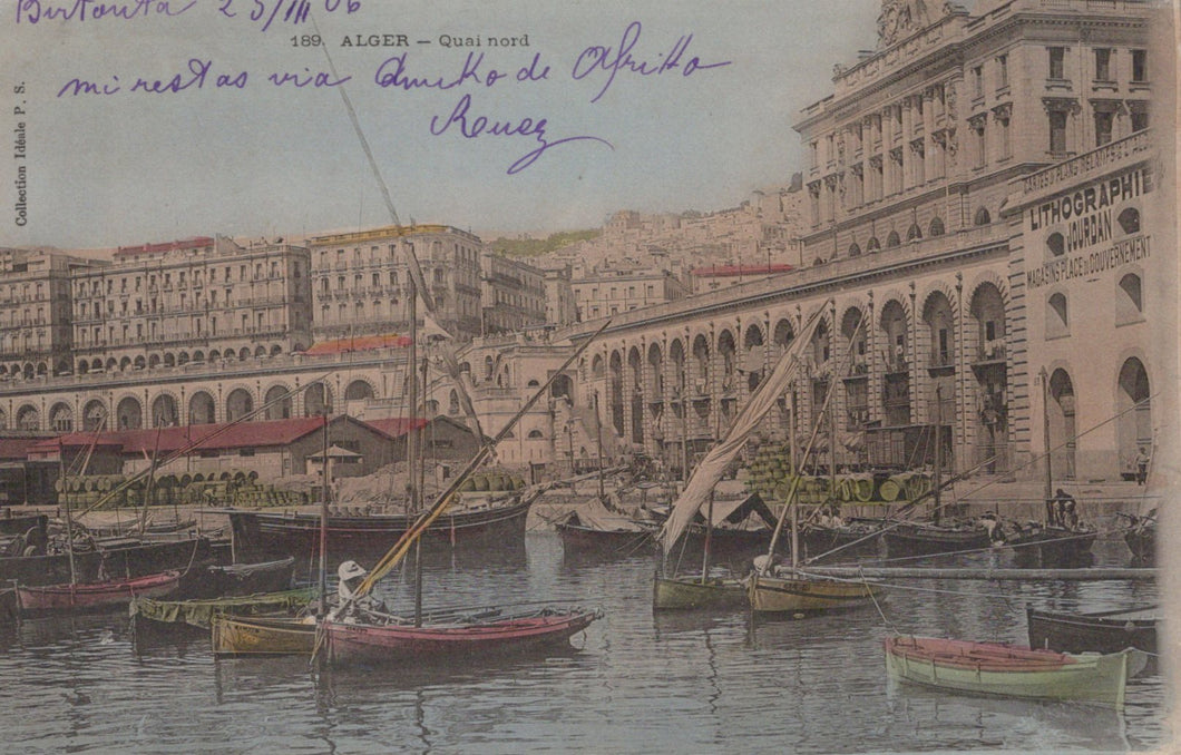 Vintage postcard of a harbor scene with boats and buildings in Algiers, Algeria.