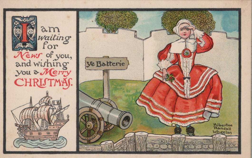 Vintage Christmas card with a woman in a red dress, cannon, and ship illustration.