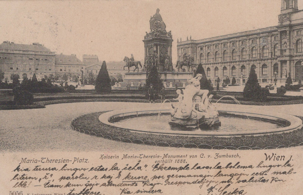 Vintage postcard of a fountain and palace in Vienna, Austria
